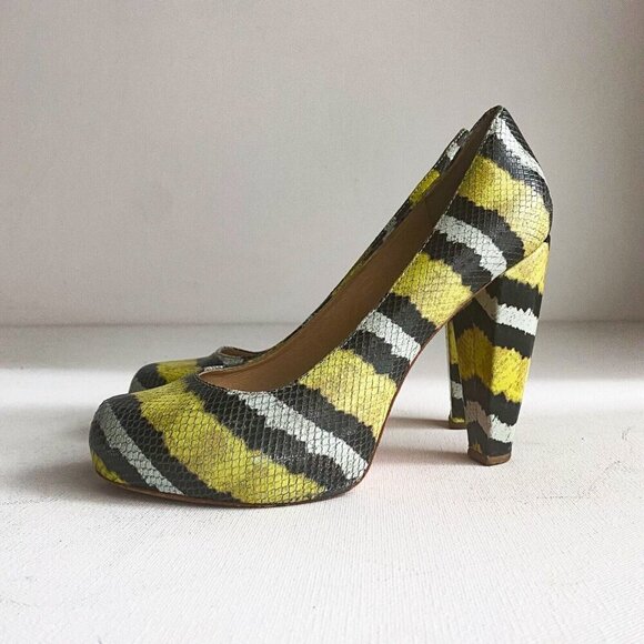 Loeffler Randall Snakeskin Grey Yellow White Chunky Heels - Picture 4 of 5